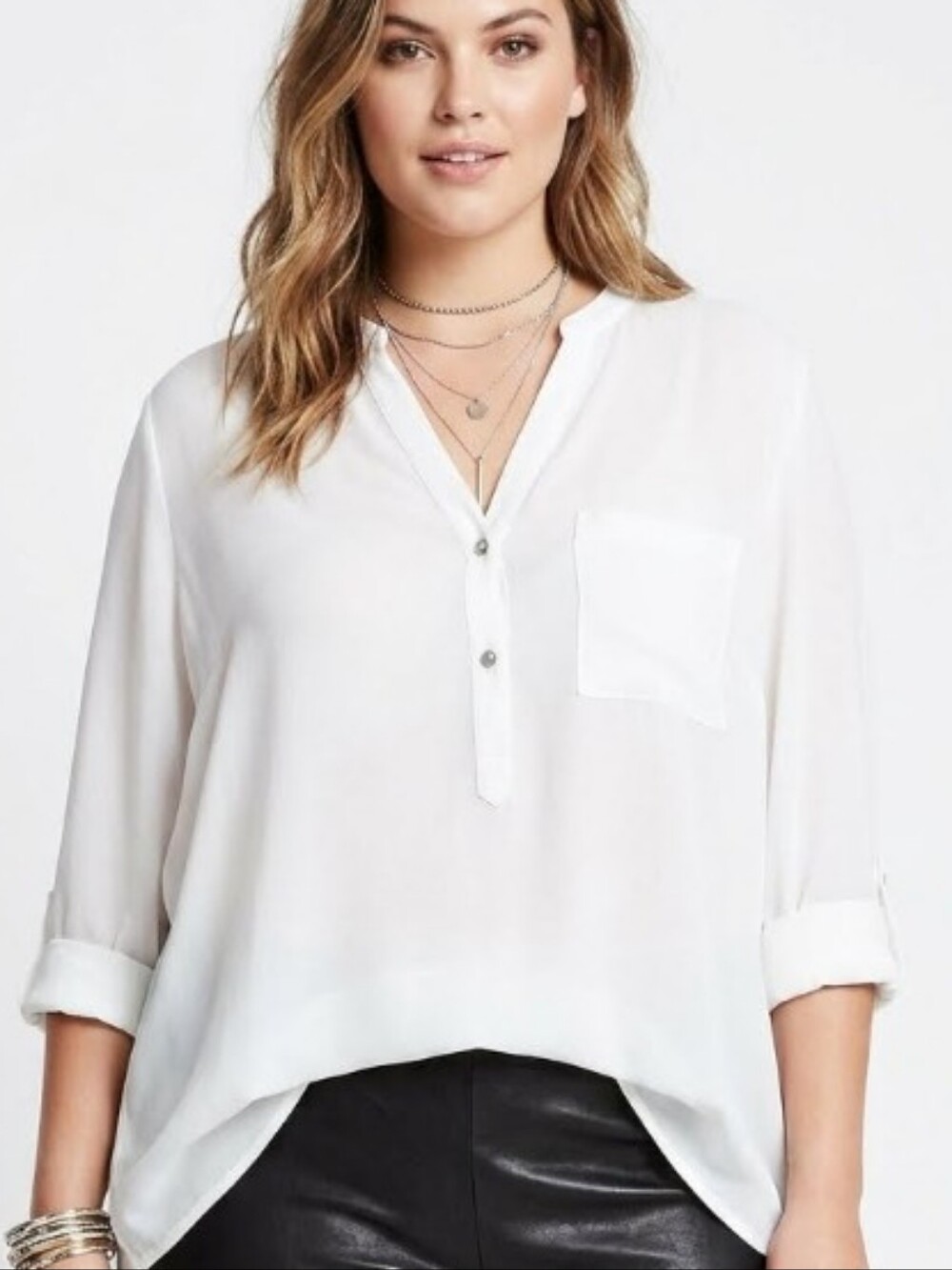 White V-Neck Pocket Hi-Lo Blouse - Women
